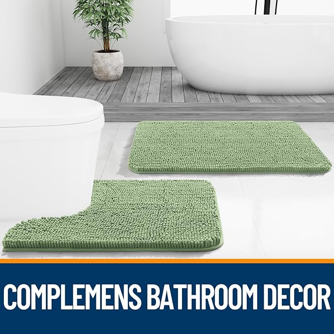 OLANLY Toilet Rugs U-Shaped 24x24, Extra Soft Absorbent Chenille Contour Bathroom Rugs for Toilet, Dry Quickly, Machine Washable, Non-Slip Bath Mat, Sage Green