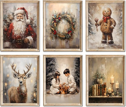 Christmas Wall Art set of 6 Christmas Pictures Wall Decor Winter Vintage Holiday Gallery Print Santa Claus Candles Gingerbread Man Deer, Canvas Santa Oil Painting Christmas Holiday Decor 8"X10"