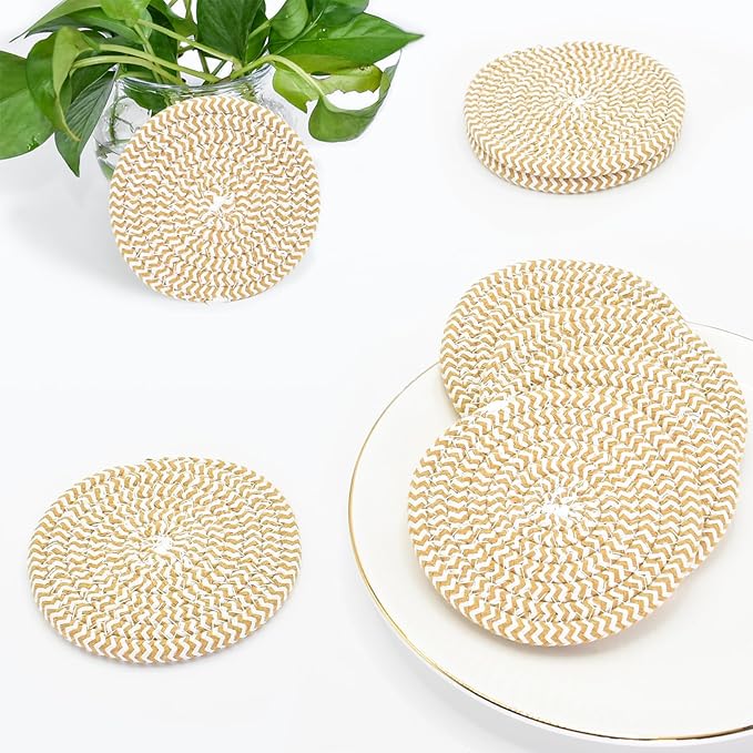 ABenkle 8 Pcs Drink Coasters with Holder, Cotton Woven Absorbent Coasters for Drinks, Minimalist Home Decor Coaster Set for Wooden Tabletop Protection Table, 4.3 inches