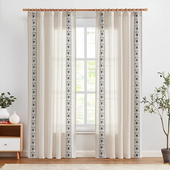 jinchan Boho Curtains for Living Room Black Vintage Floral Farmhouse Curtains 84 Inches Long Linen Blend Drapes for Bedroom Embroidered Light Filtering Drapes Rod Pocket Black on Beige 2 Panels