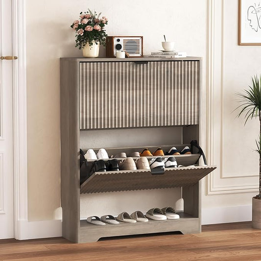 Shoe Cabinet Storage for Entryway with 2 Flip Drawers, Grey Fluted Shoe Cabinet with Open Storage, Wooden Hidden Shoe Rack Freestanding Narrow Slim Shoes Organizer for Hallway, Entrance