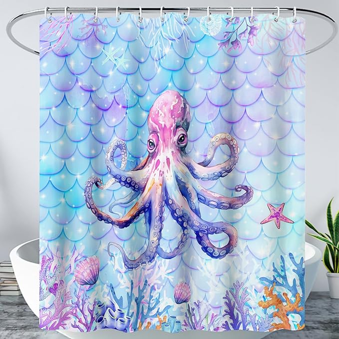 AILONEN Cartoon Octopus Shower Curtain 72"W*96"H For Bathroom, Ocean Coral Shell Fish Scale Print Bathroom Curtain for Kids Girls Women Bath Curtain Polyester Waterproof Shower Curtain With 12 Hooks