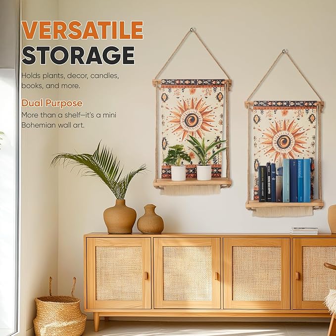 Wall Mounted Hanging Shelf with Bohemian Style Decorative Cloth, Handmade Natural Material, 24 x 12 inches, for Living Room Bedroom Home Storage and Indoor Plants