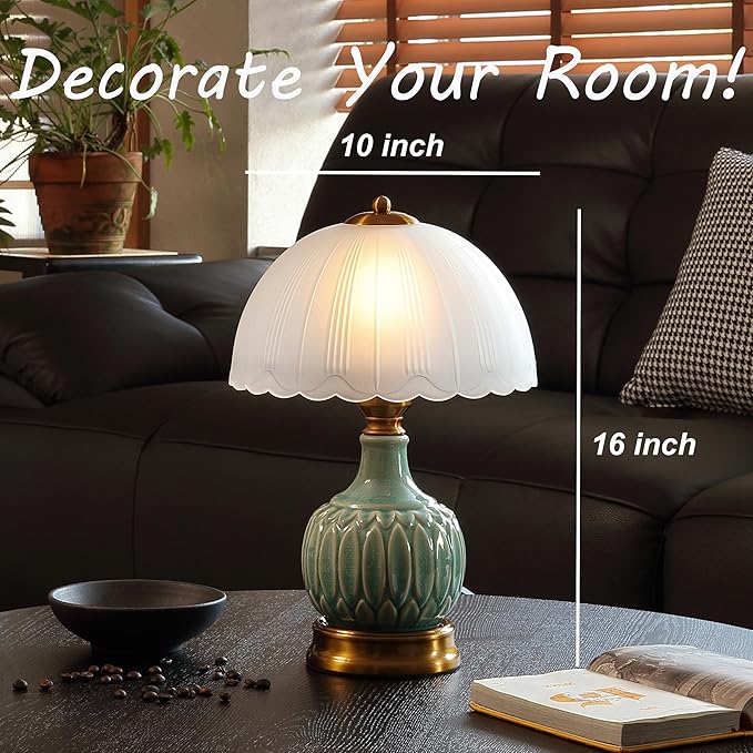 Vintage Lamp for Living Room,16" Modern Ceramic Table Lamps for Bedroom,Retro Bedside Nightstand Traditional Lamps, Classic Chinoiserie Green Lamp for Home Decor (LD002)