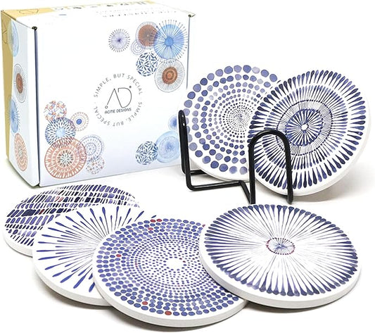AD Set of 6 Coasters for Drinks Absorbing Round Ceramic Stone Coaster with Cork Base,Tabletop Protection Mat for Mugs and Cups,Office,Kitchen (Bloom Abstract with Holder)