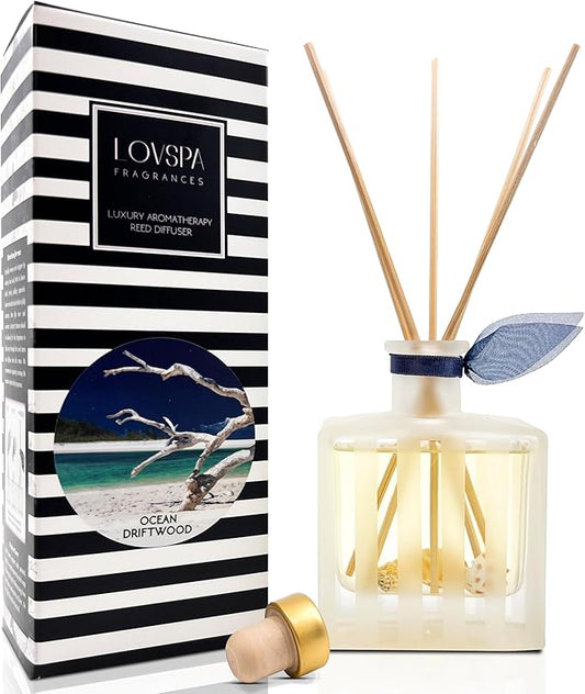 LOVSPA Ocean Driftwood Essential Oil Reed Diffuser Gift Set | Orange Blossom, Citrus, Driftwood, Patchouli & Vanilla | Decorated with Sea Shells! Modern Striped Glass Bottle | Made in The USA