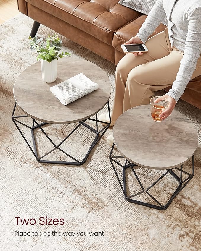 VASAGLE Small Coffee Table Set of 2, Round Coffee Table with Steel Frame, Side End Table for Living Room, Bedroom, Office, Greige and Ink Black