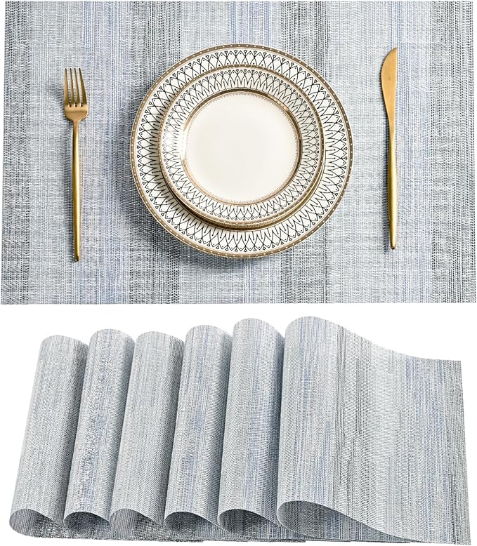 Leetaltree LightSteel Blue Placemats Set of 6 - Heat Resistant Non-Slip Place mats for Dining Table, Washable Durable PVC Vinyl Woven Table Mats（LightSteel Blue, 6）