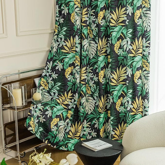 Leeva Black & Green Leaf Print Chenille Curtains 52 x 63 – 2 Panels Light Filtering Farmhouse Window Drapes for Bedroom Living Room