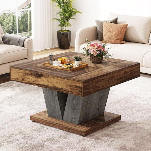 Tribesigns Square Coffee Table, Wood Center Table for Living Room, 31.5" Modern Cocktail Tea Accent Table, Rustic Brown & Black