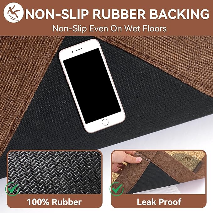 Non Slip Bath Mat Bathroom Rugs, Soft Jute-Like Ultra Thin Bath Mats, Rubber Backing Super Absorbent Quick Dry Bath Rug Shower Mat Fit Under Door Bathroom Floor, Machine Washable, Brown 24"x36"