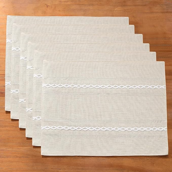 Wracra Cotton Linen Placemats, 12 x 18 Inch Set of 6 Placemats Rustic Hemstitch Place Mats for Kitchen Table and Heat Resistant-Hemstitch Ivory
