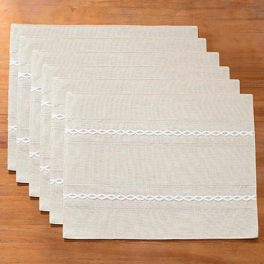 Wracra Cotton Linen Placemats, 12 x 18 Inch Set of 6 Placemats Rustic Hemstitch Place Mats for Kitchen Table and Heat Resistant-Hemstitch Ivory