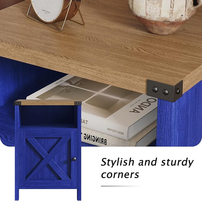Farmhouse End Table, Nightstand, Set of 2, End Tables with Barn Door and Shelf, Modern Bed Side Table Rustic Nightstands Set for Bedroom, Living Room, Navy Blue