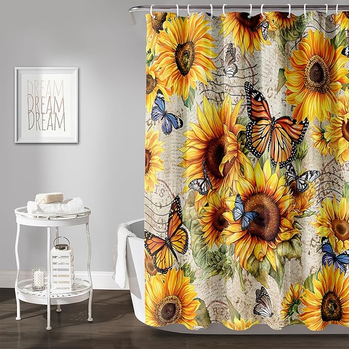 AILONEN Girls Sunflower Shower Curtain,Butterfly Sunflower Bath Curtain for Kids Women,Vintage Yellow Flower Decor Bathroom Curtain with 12 Plastic Hooks, 60" W x 72" H