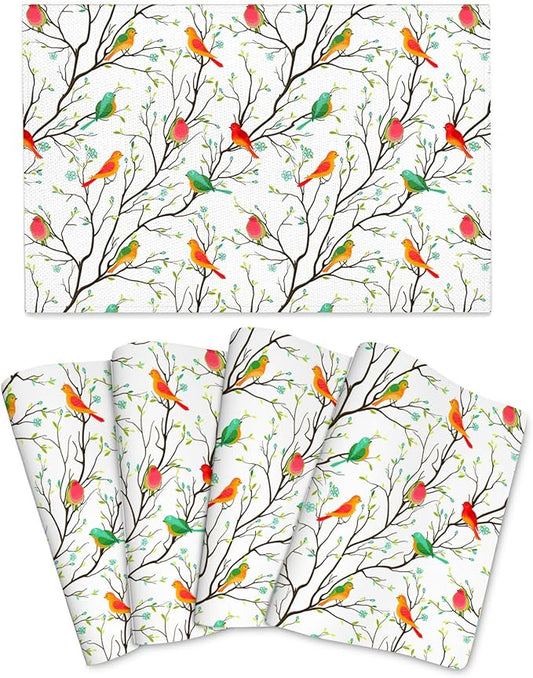 Birds on Tree Placemats Set of 4 Linen Decorative Table Mat for Dining Table Kitchen Farmhouse Outdoor Spring Summer Home Decor 12"x18" Cute Birds Place Mats
