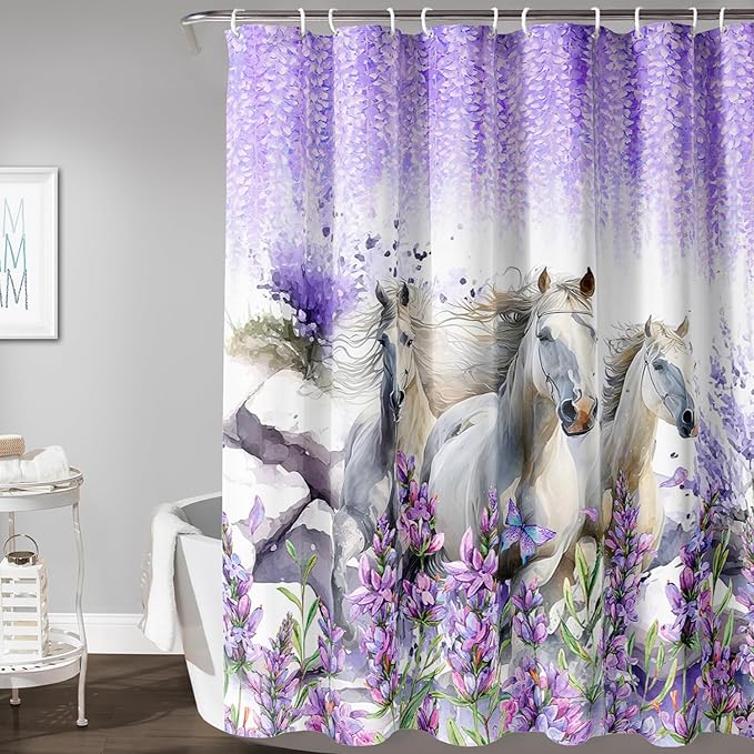 AILONEN Horse Shower Curtain for Boys Girls, Purple Lavender Flower Bath Curtain 72" W*78" H Galloping Horse Bathroom Curtain Polyester Waterproof Watercolor Bathroom Curtain with 12 Hooks