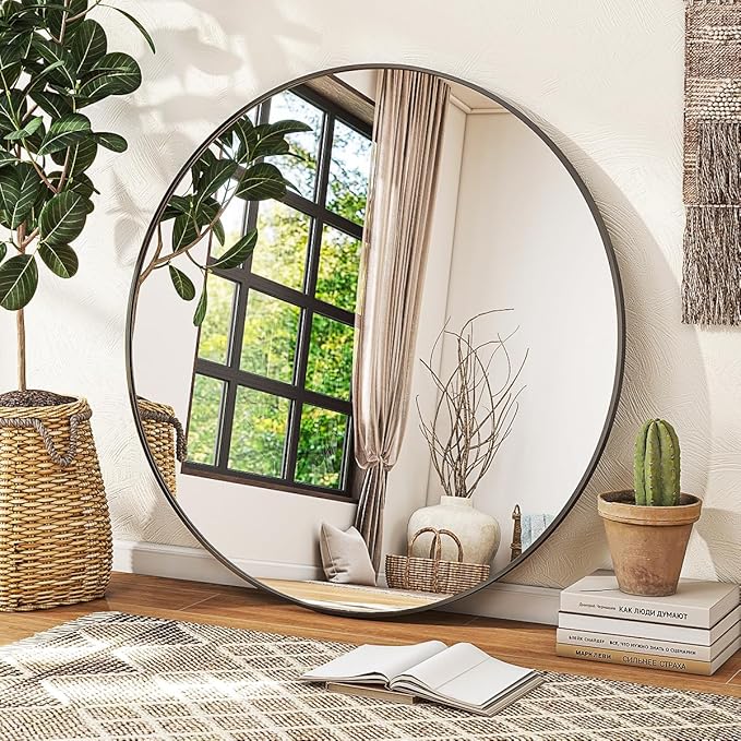 Black Round Mirror, 18 Inch Bathroom Mirror with Metal Frame, Wall Wall-Mounted for Entryway, Bathroom, Vanity, Living Room