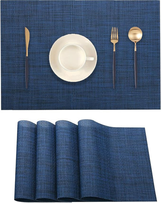 Navy Blue Placemats Set of 4 - Heat Resistant Non-Slip Place mats for Dining Table, Washable Durable PVC Vinyl Woven Table Mats (Navy Blue, 4)