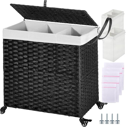 Greenstell Laundry Hamper with Wheels&Lid, 130L Large 3 Sections Clothes Hamper with 2 Types Removable Liner Bags, 5 Mesh Laundry Bags, Handwoven Divided Laundry Basket Black