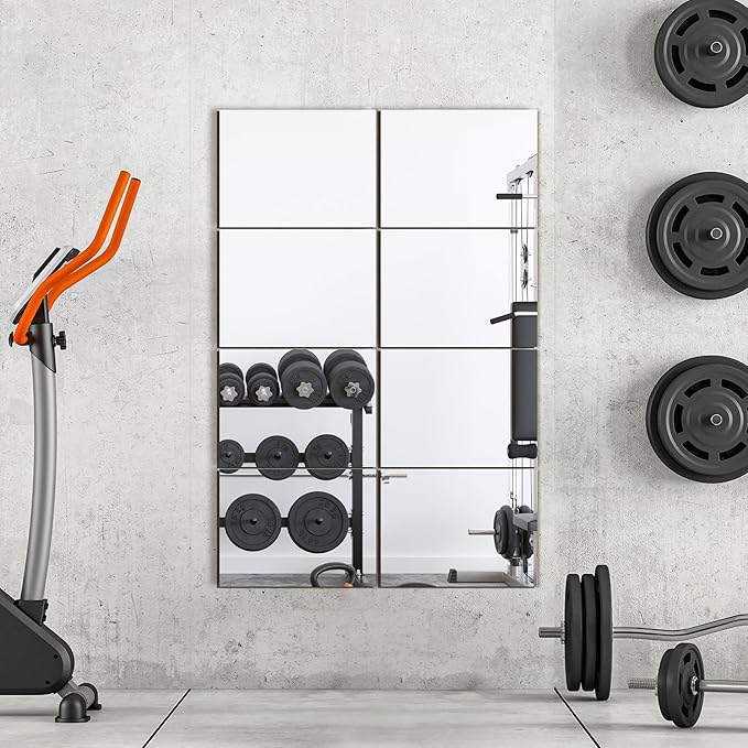Wall Mirror Tiles, 16"x12"x8PCS Full Length Home Gym Mirror for Garage, Bedroom, Living Room, Over The Door