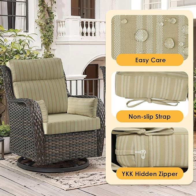 Outdoor High Back Chair Cushion, 2 Pack 48 x 24 inches Patio Chair Cushions Water Repellent Rocking Cushions Indoor Furniture Seat Pad with 2 Pillows, Beige Brown Stripe