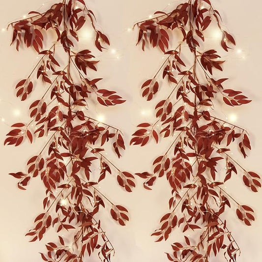Artificial Hanging Willow Vine Twigs Whit Light 2Pcs 5.7Ft Fake Fall Garland Faux Silk Willow Leaves Ivy Indoor Outdoor Wedding Jungle Birthday Autumn Wreath Thanksgiving Christmas Party Decor