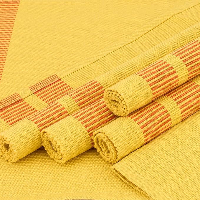 Encasa XO Dining Placemat Set of 6 | Ladder Lemon Color | Fine Ribbed Cotton Table mat | Size 18x13 in | Machine Washable