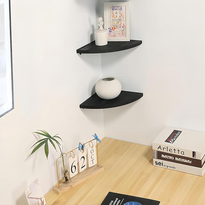 Corner Wall Shelves Set of 2, Rustic Wood Corner Floating Shelves with Cable Raceway, Wall Mount Storage Display for TV Accessories (Black, Fan-shaped-12 Inch)