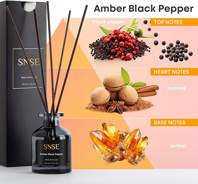 SNSE Amber Black Pepper Reed Diffuser Set | 3.38 oz Scent Fragrance Oil Diffuser for Bedroom, Bathroom, Home Décor and Gift, Decorative Air Fresheners with Sticks