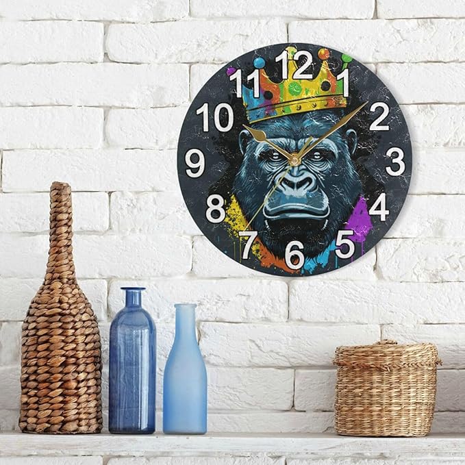 Gorilla with Crown Wall Clock Non Ticking Silent Kitchen Clock Large Battery Operated Clocks 10 inch for Living Room Bedroom Decor