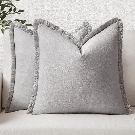 MIULEE Decorative Throw Pillow Covers Neutral Linen Fringe Throw Pillows Set of 2 Light Grey Boho Farmhouse Cushion Covers with Tassels for Couch Sofa Bed Living Room Spring Home Decor 20x20 Inch