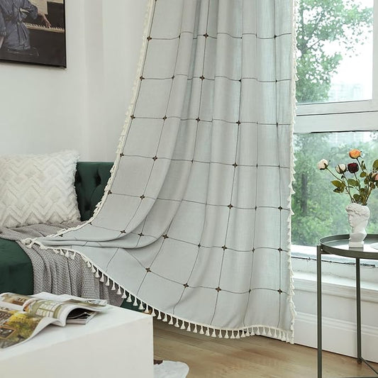 Sutuo Home Boho Curtains for Kitchen Nursery 63 Inch Length, Light Filtering Farmhouse Linen Vintage Chic Tassels Checkered Window Treatment Bohemian Drape for Decor 1 Panel 52" W x 63" L, Cream Grey