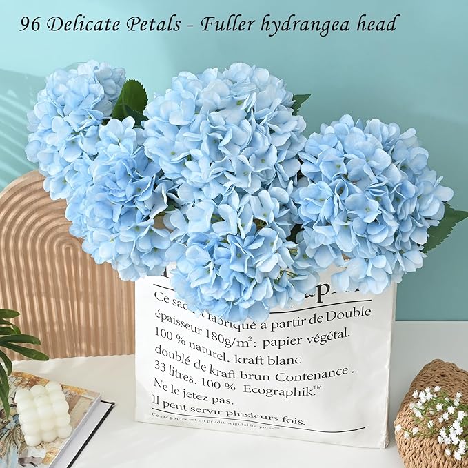 BLEUM CADE 8 Pcs Blue Hydrangea Artificial Flowers with Realistic Stems, 18In Large Fake Blue Flowers, Faux Flower for Home Party Decor Outdoor Wedding Bouquets Table Centerpieces Decoration