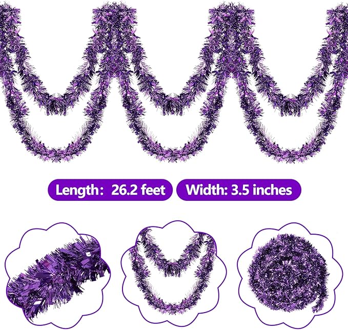 26.2 Feet Purple Holiday Tinsel Garland for Christmas,Halloween, Birthday, Weddings, Party Decorations, Xmas Foil Tinsel Garland for All-Season Home Indoor Outdoor Party Supplies(Purple)