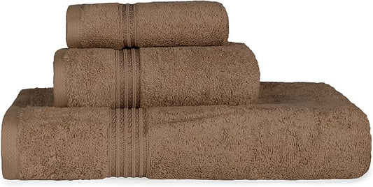 Superior Egyptian Cotton 3-Piece Towel Set, Basic Towels For Bathroom, Home Decor, Guest Bath, Shower, Apartment, Included 1 Face, 1 Hand, 1 Bath Towel, Washcloth, Quick Dry, Mocha
