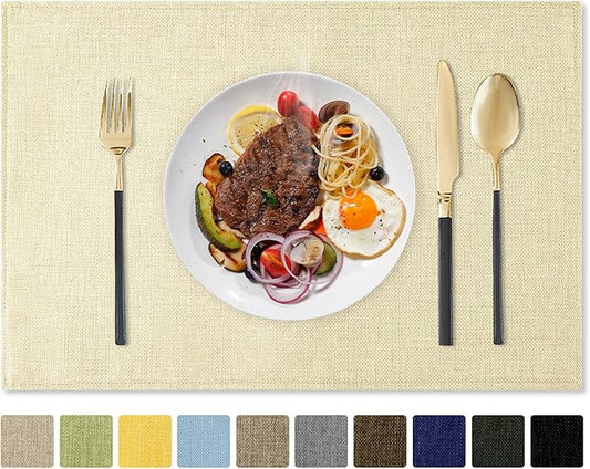 Romanstile Cloth Placemats Set of 8-12 x 18 Inch, Heat Resistant Double Layered Thickened Burlap Place Mats, Washable Linen Farmhouse Table Mats for Kitchen/Dining/Party/Outdoor, Cream