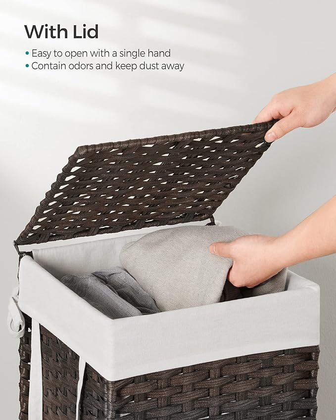 SONGMICS Laundry Hamper with Lid, 17.2 Gallon (65 L) Synthetic Rattan Clothes Laundry Basket with Lid and Handles, Foldable, Removable Liner, Chestnut Brown ULCB165K01