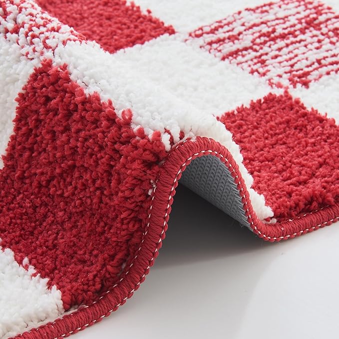 CozeCube Christmas Checkered Bath mats for Bathroom Non Slip, Fluffy Absorbent Microfiber Bath mat Washable, Aesthetic Bathroom Rugs, Cute Bath mat for Shower Sink, Christmas Red, 24" x 16"