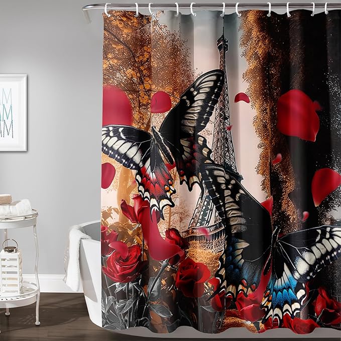 AILONEN Butterfly Shower Curtain for Bathroom,Romantic Red Rose Flower Butterfly Bath Curtain 72" W*72" H,Retro Eiffel Tower Decoration Waterproof Bathroom Curtain with 12 Plastic Hooks