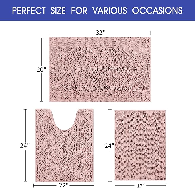 Striped Dusty Pink Bathroom Rug Set 3 Pieces Ultra Soft, Non Slip Chenille Bath Carpet, Absorbent Plush Shaggy Bath Mats for Bathroom, Toilet, Bedroom, Kitchen