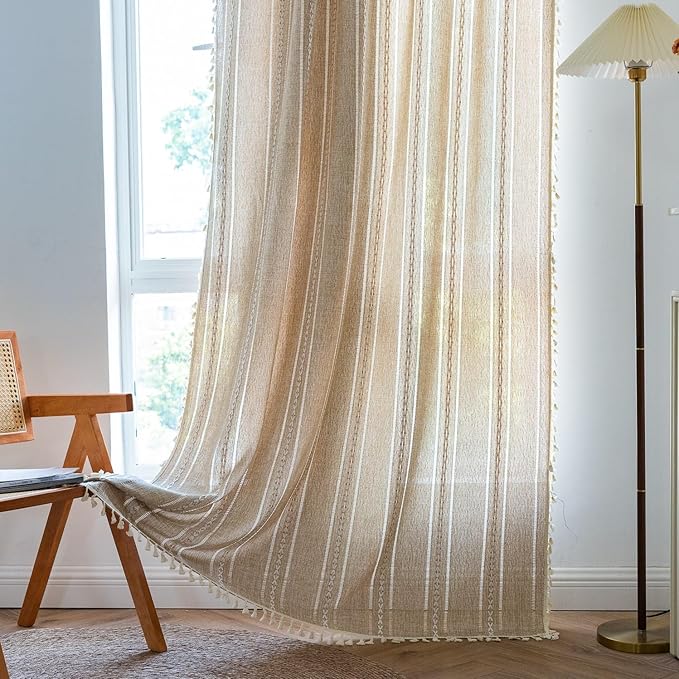 Sutuo Home Boho Curtains for Bedroom Living Room 90 Inch Length, Light Filtering French Country Farmhouse Vintage Shabby Chic Tassels Hollow Window Treatment Bohemian Drape 1 Panel 52"W x 90"L Natural