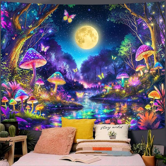 Kanuyee Blacklight Tapestry Butterfly Moon Wall Tapestry Magical Forest Tapestries for Bedroom Magical Tapestries Aesthetic Bedroom Room Decor Moon 44×60 Inches