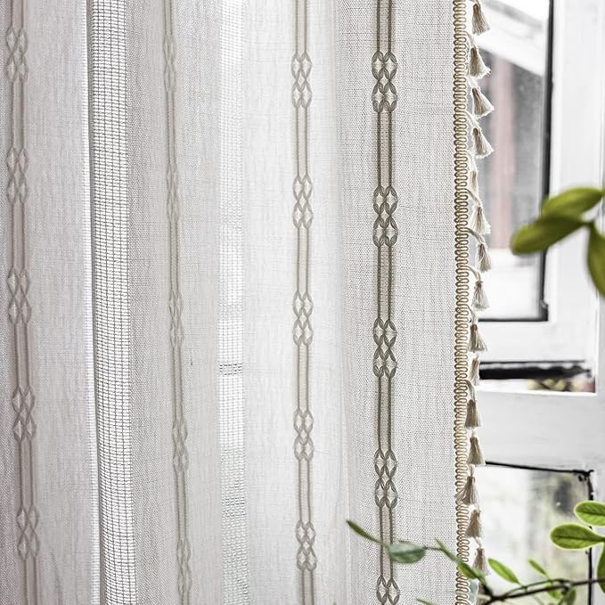 Sutuo Home Boho Curtain for Bedroom 84 Inch Length, Light Filtering Country Farmhouse Vintage Shabby Chic Tassels Window Treatment Hollow Stripes Bohemian Embroidery Drape 1 Panel 52"W x 84"L, White