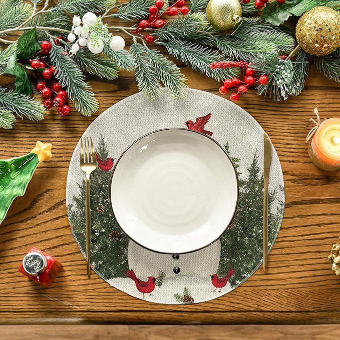 Artoid Mode Snowman Trees Snowflakes Christmas Round Placemats Set of 4, 14 Inch Grey Winter Round Table Mats for Dining Decoration