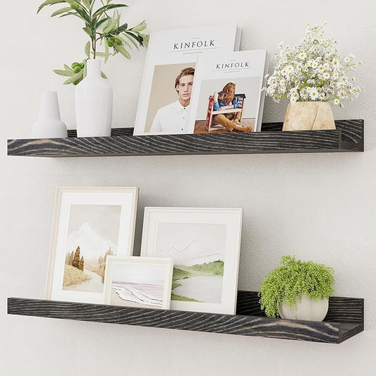 Picture Ledge Shelf, Solid Pine Wood Rustic Floating Shelves for Wall, 24 Inch Floating Shelves with Lip for Bedroom Kitchen Living Room Nursery Display Wall Decor, Set of 2 (Grey)