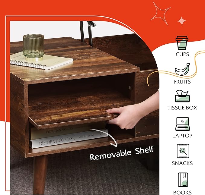 WLIVE Coffee Table, 47“ Lift Top Coffee Tables with Adjustable Storage Shelf and Hidden Compartment, Lift Tabletop Dining Table for Living Room, Rustic Oak