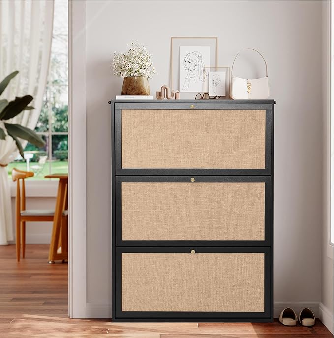 AVZEAR Narrow Shoe Storage Cabinet for Entryway with Natural Linen Panel, Freestanding Slim Shoe Cabinet with 3 Flip Drawers, Wood Shoe Organizer Closed Shoe Rack for Hallway, Living Room(Black)
