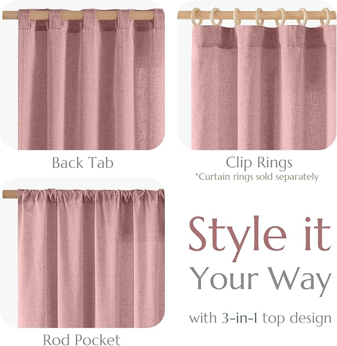 jinchan Pink Linen Blend Curtains 90 inch Length 2 Panels for Bedroom Living Room, Light Filtering 50 inch Wide Farmhouse Drapes with Rod Pocket Back Tab(50W x 90L, Pink)