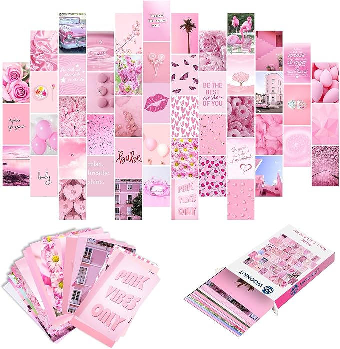 WOONKIT Pink Aesthetic Pictures, Collage Kit for Wall, Pink Room Wall Bedroom Dorm Decor, Room Decor for Teen Girls, Trendy 50pcs 4x6 inch